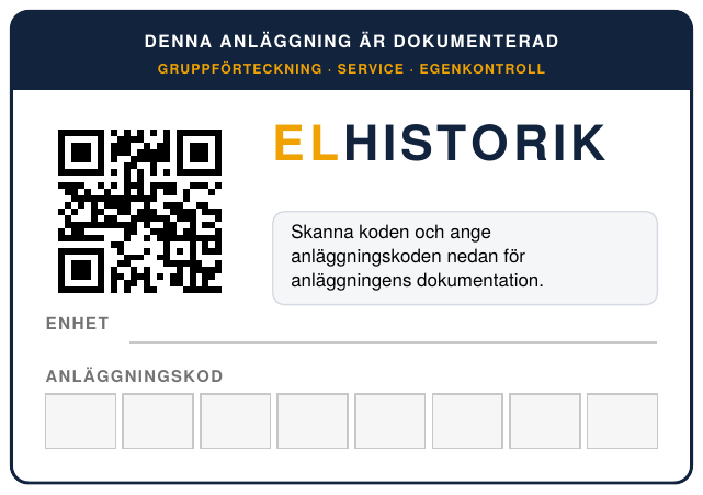 Vinyldekalen Elhistorik: QR-kod, ordmärket och rutor för anläggningskoden