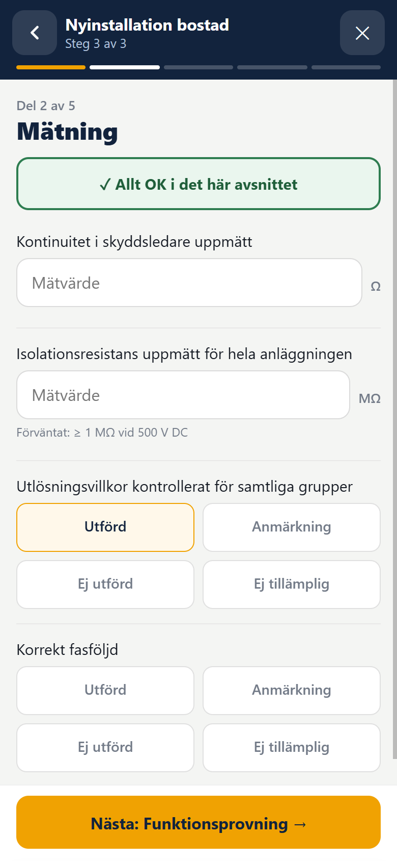 Ett protokoll i appen, del 2 av 5, med knappen Allt OK i det här avsnittet