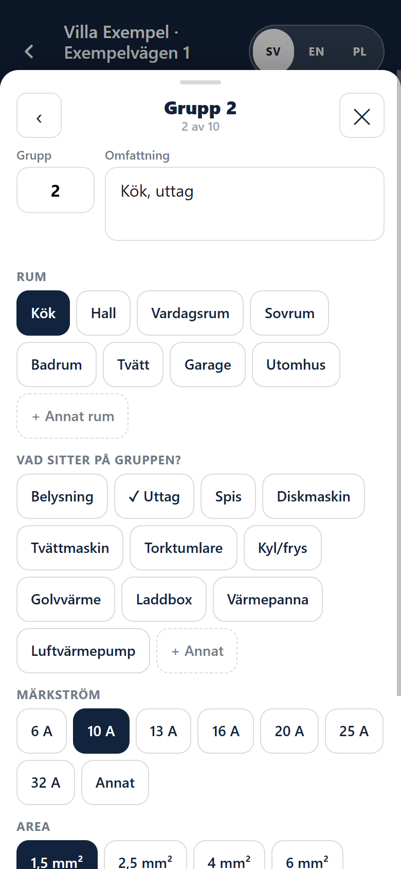 Gruppförteckning (gruppschema) i Elhistorik-appen